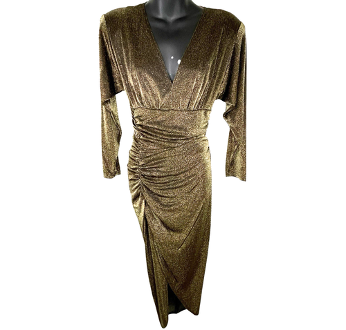 Alexa B Evening Metallic Black Gold Shimmering Dress Ruched Deep V Neck Sz 6 NEW - Picture 18 of 18