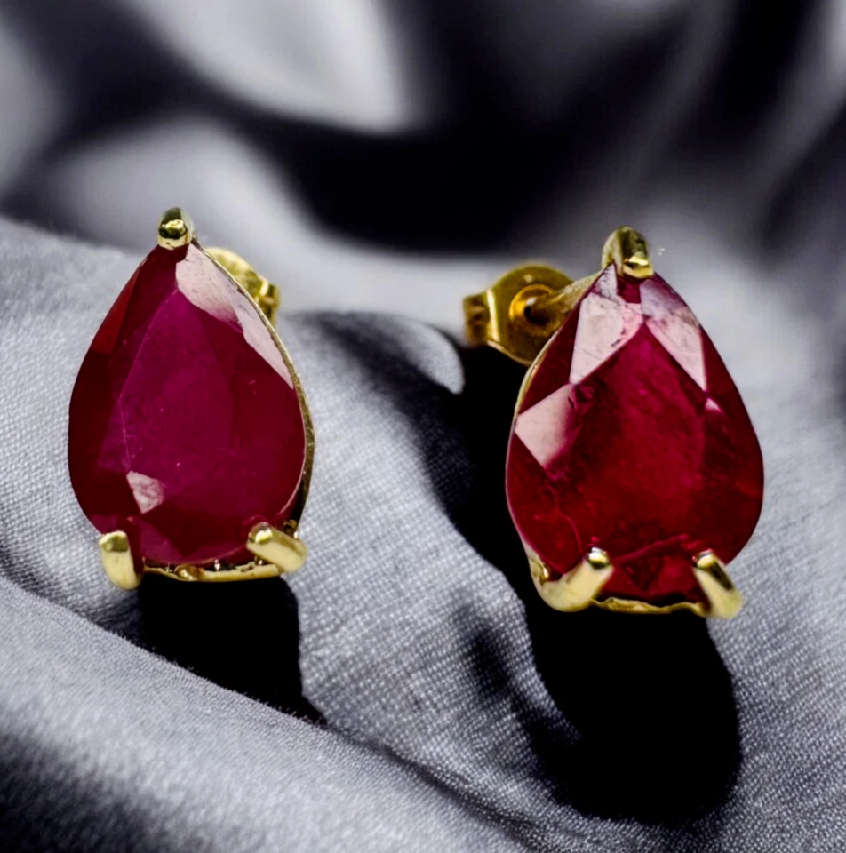 10K Gold Natural Ruby Earrings -2.8 Carat T.W. Pear Cut Vintage Stud Earrings - Image 2 of 4
