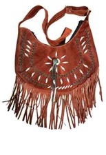 Woman American Western Crossbody Suede Leather Handbag With Fringe  Beaded Work