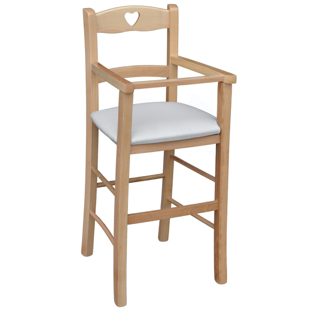 Seggiolone pappa in legno naturale con seduta similpelle grigio chiaro