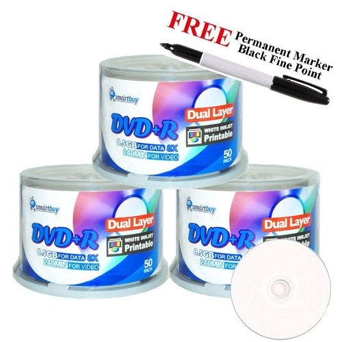 150 Smartbuy 8X White Inkjet Printable DVD+R DL Disc + Black Permanent ...