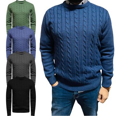 Mens Cable Knit Jumper Chunky Fisherman Weave Classic Thick Sweater  Pullover UK