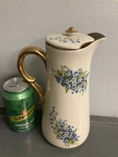 VINTAGE PORCELAIN CERAMIC POTTERY CHOCOLATE POT / PITCHER & LID - BLUE FLOWERS
