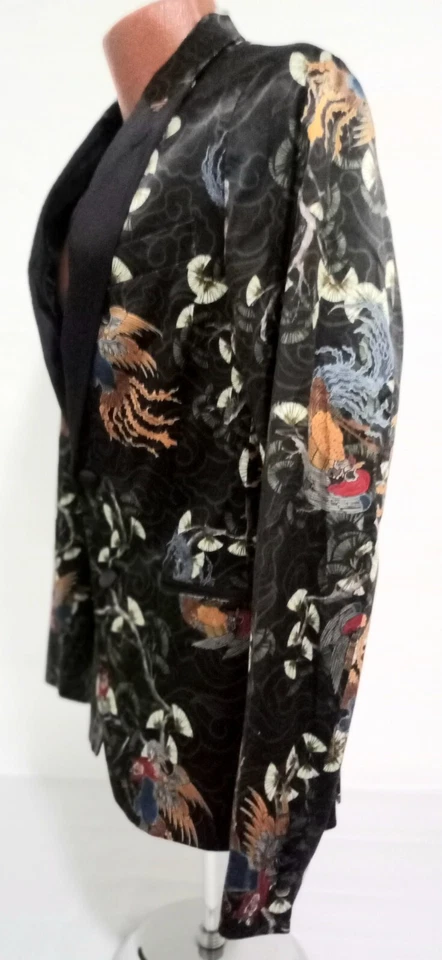 ZARA MEN'S TAILORED FIT PHOENIX BIRD BLACK SATIN BLAZER JACKET SUIT SIZE SMALL - Image 4 of 4