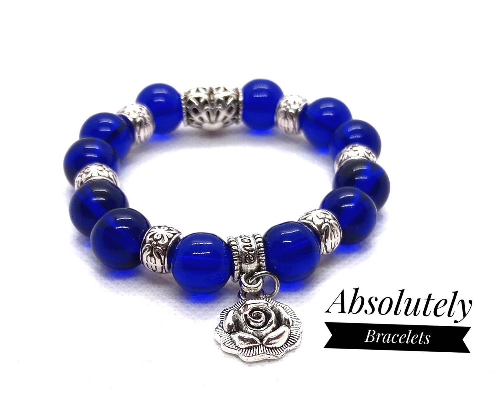 Royal Blue Silver Flower Charm Stretch Bracelet BOHO Style 6.5 Inch