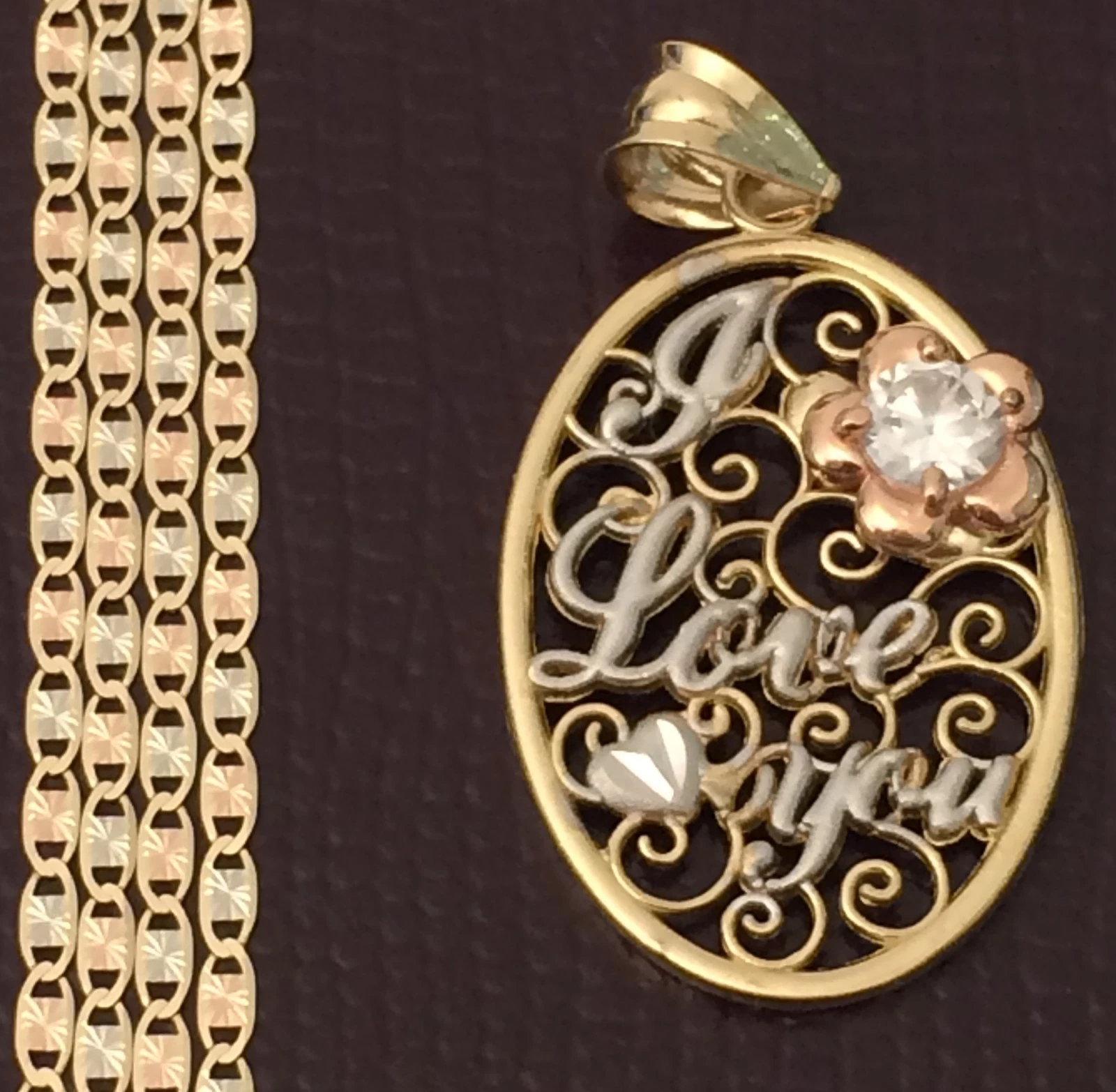 Ciondolo donna vero oro giallo 14 kt fiore ti amo lei catena Valentino 18"