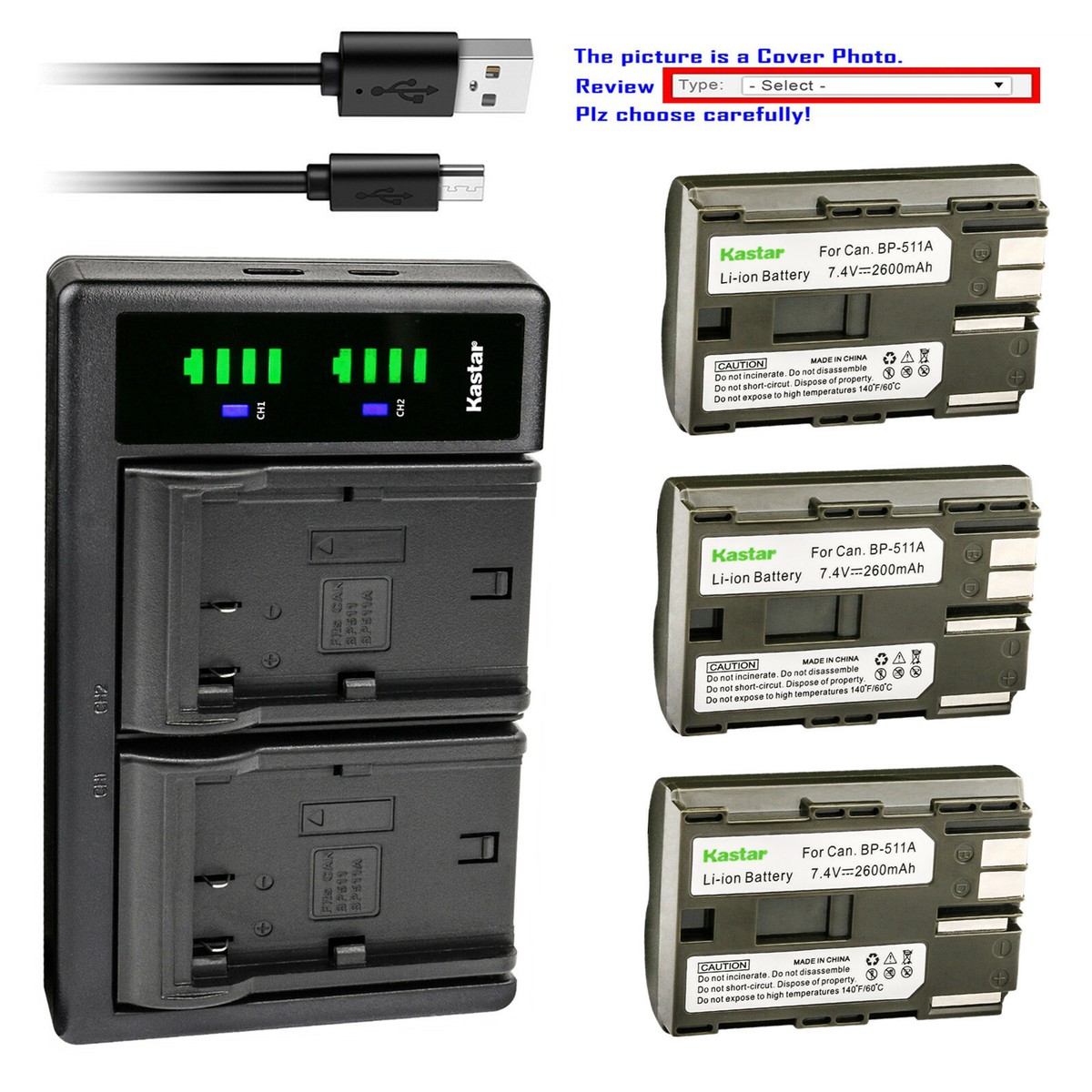 Kastar Battery Slim Charger for Canon BP-511 CB-5L & EOS D60 EOS Kiss Digital