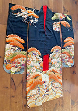 Vintage Japanese Silk Kimono Robe Floral Landscapes Black Red Lined Textile