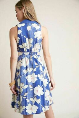 Anthropologie New Camellia Collared New Dress Blue Size 6 Linen NWT