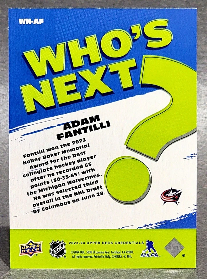 2023-24 Upper Deck Credentials Who’s Next #WN-AF Adam Fantilli - Image 2 of 2