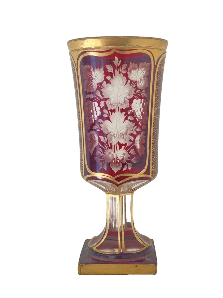 VERRE À PIED EN CRISTAL - DÉCOR DE VIGNES - VERRE ROUGE RUBIS ART-NOUVEAU - Photo 2/4