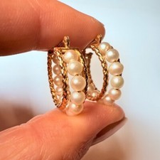 14k Solid Yellow Gold Salt Water Pearl Channel Set Huggie Hoop 20mm Earrings