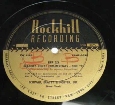 Reader's Digest Commercials LP Promo 1950s Rockhill Recording 12'' 33 RPM