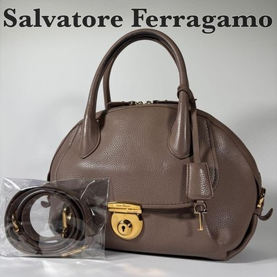 Salvatore Ferragamo Fiamma Brown Leather 2Way Gancini Shoulder Bag Gold Lock
