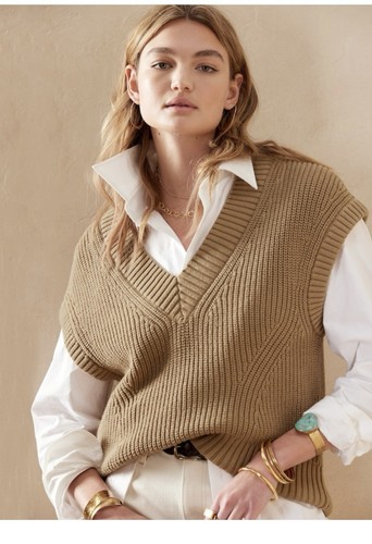 Banana Republic XS/S Organic Cotton Low V Neck Sweater V Weste Iced Latte Brown - Bild 2 von 10