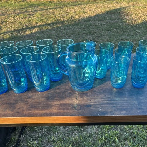 Vintage Glass Pitcher Tumbler Set Of 24 Anchor Hocking Colonial Tulip Laser Blue