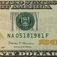 Birthday Anniversary Note Twenty Dollar May 18, 1981 Serial Number U.S. $20 NA F