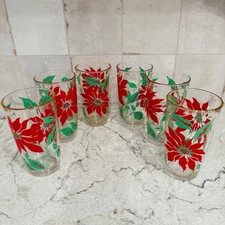 Vtg Christmas Glasses Poinsettia Hazel Atlas Tumblers MCM Barware 1950 Set of 6 