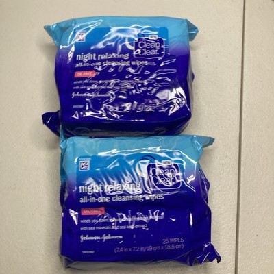 Lot of 2 Clean & Clear Night Relaxing All In One Face Cleansing Cloths Wipes