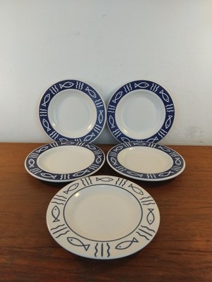 Vintage Hornsea Keramik Oceana. Blau-weiße Fisch Design Salatteller x5 20 cm