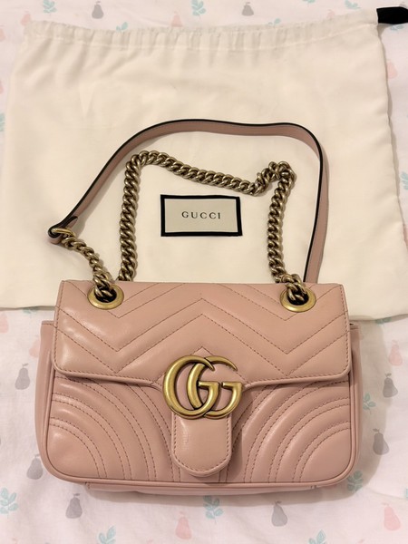 Gucci GG Marmont Flap Pink Quilted Leather Shoulder Bag Gold Chain Dust Bag