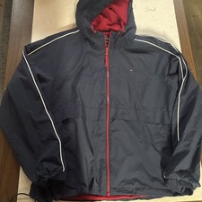 TOMMY HILFIGER Women s Windbreaker Jacket Navy Blue Lightweight Hooded Large
