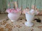 2 Vtg Fenton Peach Pink Crest Glass Melon Ruffled Rim Vases