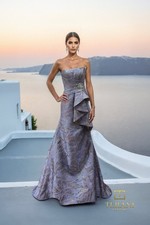 NWT - Terani Couture 261E6269 - Pleated Bodice Straight Neck Jacquard Gown