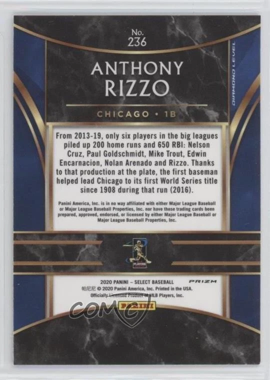 2020 Panini Select Diamond Level Holo Prizm Anthony Rizzo #236 - Image 2 of 2