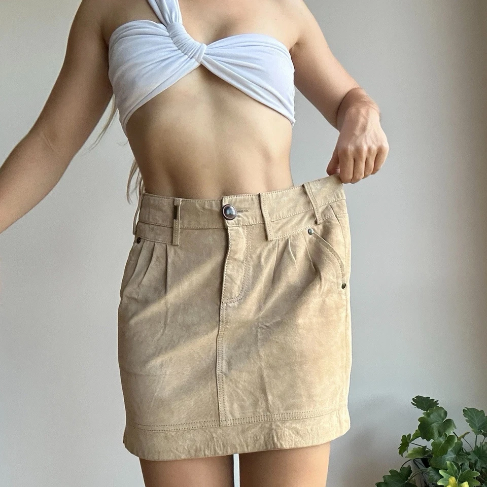 Minifalda para mujer Naf Naf 38/10 beige tostado de cuero genuino Foto 3 de 4