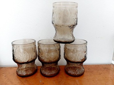 4 Fidenza Vetraria Italy Wassergläser Saftgläser - Braunes Rauchglas  Relief