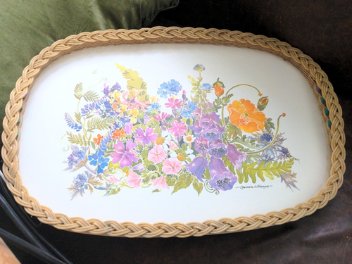 Vintage SMIT Wicker & Bead Tray - Cottage Garden Artwork by C Williamson 44x30cm - Picture 4 of 8