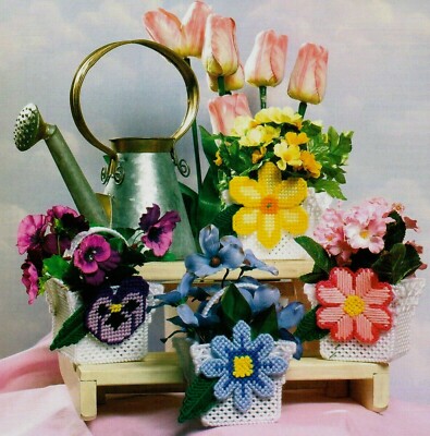 FLORAL BASKETS 4 FLOWER DESIGNS HOME DECOR PLASTIC CANVAS PATTERN INSTRUCTIONS