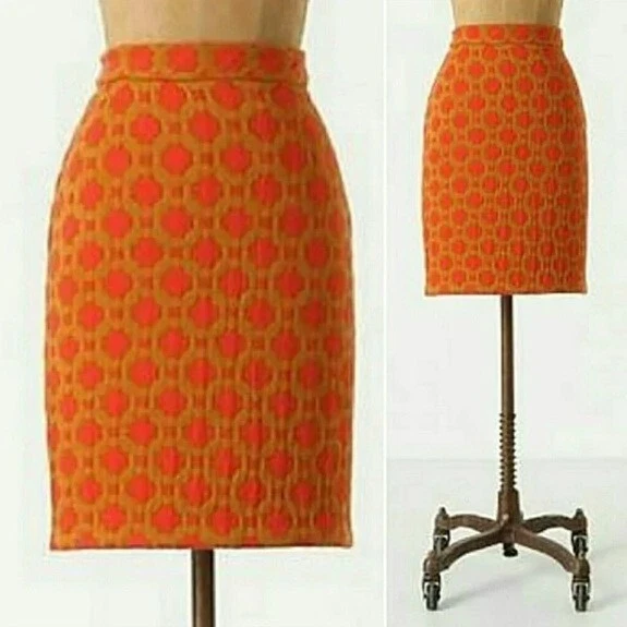 Charlie & Robin Quilted Tile Pencil Skirt 4 Gold Red Geometric Anthropologie