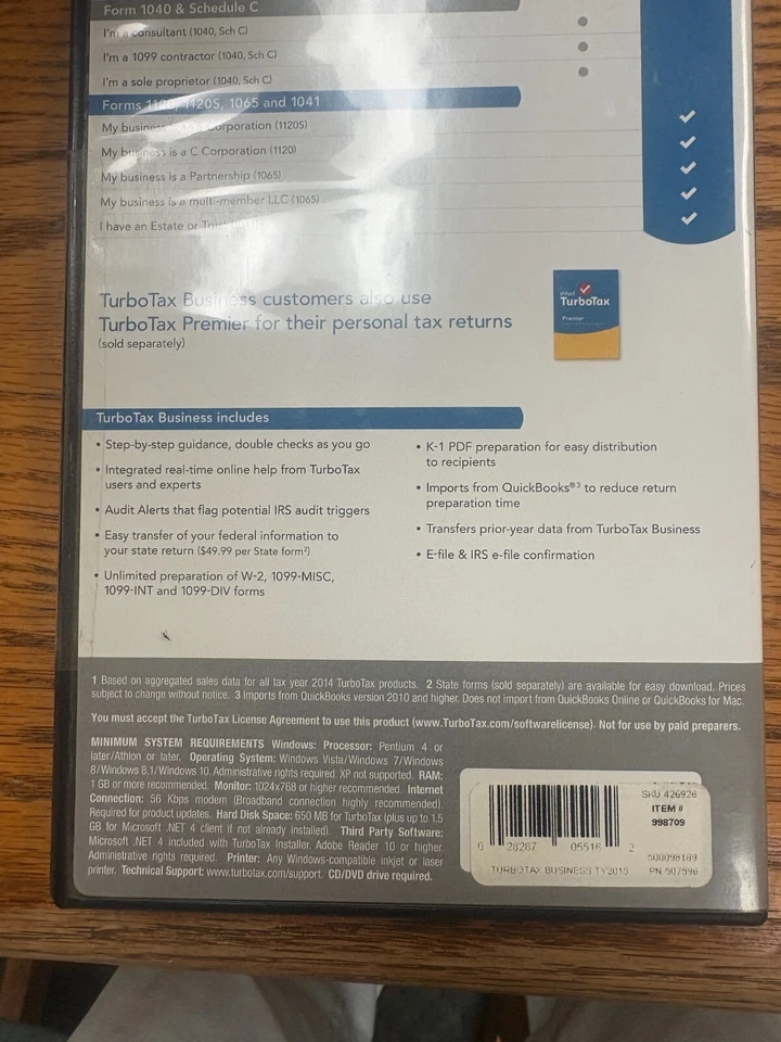 2015 Turbotax Business Window for C, S corporation , Partership,  LLC and Trust - Image 2 of 2
