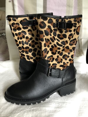 Lori Goldstein Paige Leopard Leather Moto Style Boots Women's Size 9.5