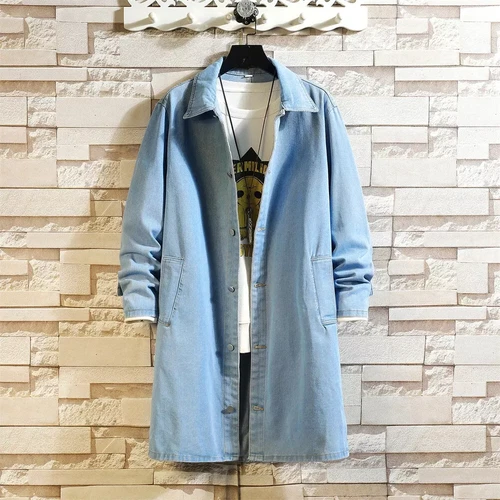 Spring Autum Men Long Jeans Trench Coat Loose Lapel Collar Casual Jeans Jackets - Picture 13 of 20
