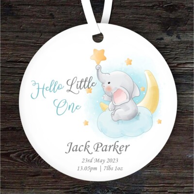 Hallo neu Baby Junge Elefant Mond & Sterne personalisiert Geschenk hängende Ornament