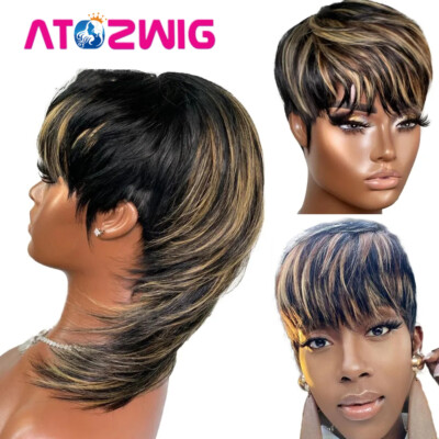 Short Pixie Cut Wig Human Hair Wig With Bangs Mullet Wigs Blonde Black Highlight