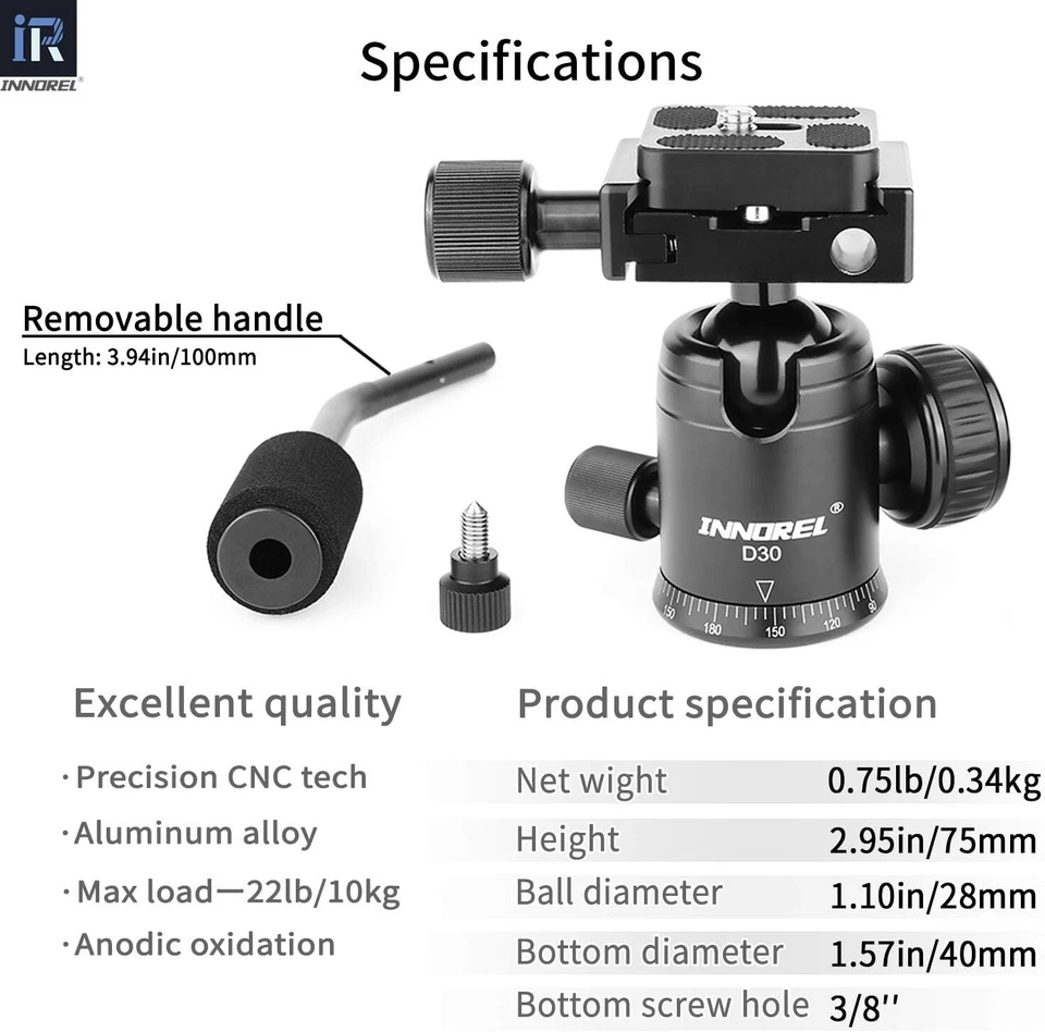 INNOREL D30 Tripod Head with Handle All Metal CNC Ballhead for DSLR Camera DV - Image 2 of 4