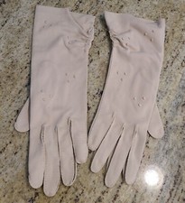 Vintage Womens Size L/XL Flesh Beige Nylon Formal 11.5" Long Gloves Embroidered