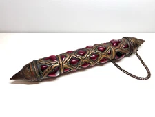 Antique Brass Caged Glass Pillar Bottle with Stopper and Chain