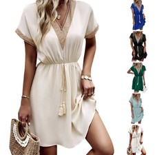 Short Sleeve Dress Chiffon Drawstring Waist Dress Woman Lace V Neck Dress