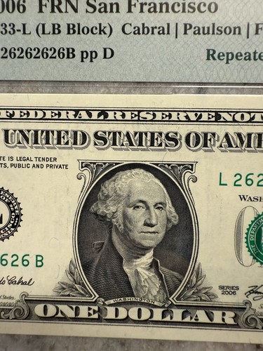 Super Repeater Fancy Serial Number 2006 $1 FRN (26262626) Gem PMG 66 EPQ - Picture 3 of 8
