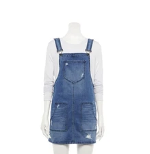 Juniors' SO  Five-Pocket Pinafore Dress Overalls Distressed Blue Sz M