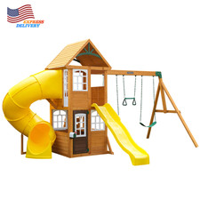Castlewood Wooden Swing Set Playset with Clubhouse Mailbox Slide Play Kitchen