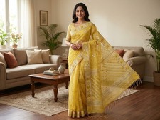 84 Count Dhakai Jamdani Dual-Tone Saree   Karcupi Karada  Sequin Embroidery