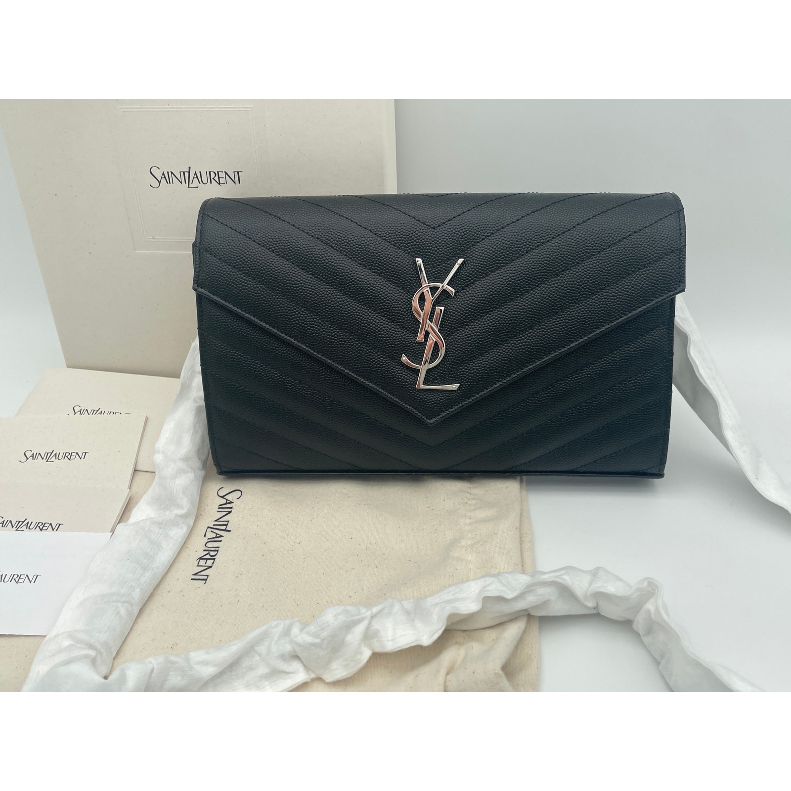 NUOVO PORTAFOGLIO SAINT LAURENT YSL NERO GRANDE PELLE CATENA WOC BAG SCATOLA AUTENTICA