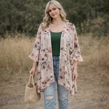 Jack  Missy Floral Kimono Cardigan Pink Fairy Boho Flowy Ruffle Sleeve OS
