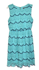 Luxology Embroidered Lace Overlay Sleeveless Dress Aqua Blue Scallop Trim Sz 10